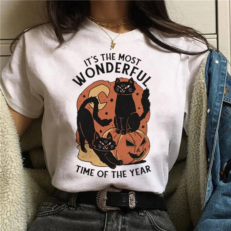 Street Fashion Asian - Cartoon Halloween Cat T-shirt Summer Breathable